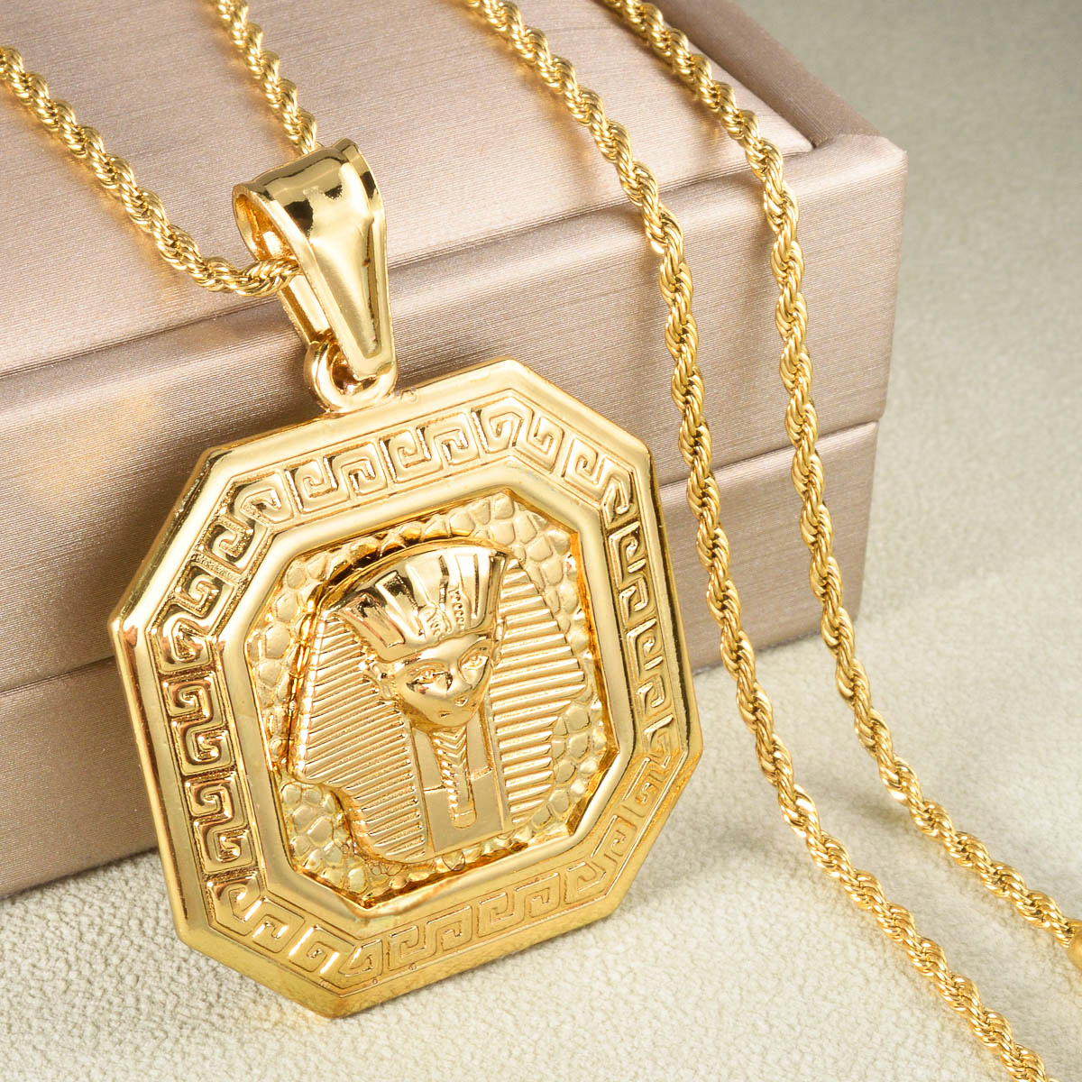 Retro Octagonal Greek Key Golden Pendant Necklace
